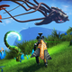 An explorer is running through an alien world towards a massive space whale floating in the sky.